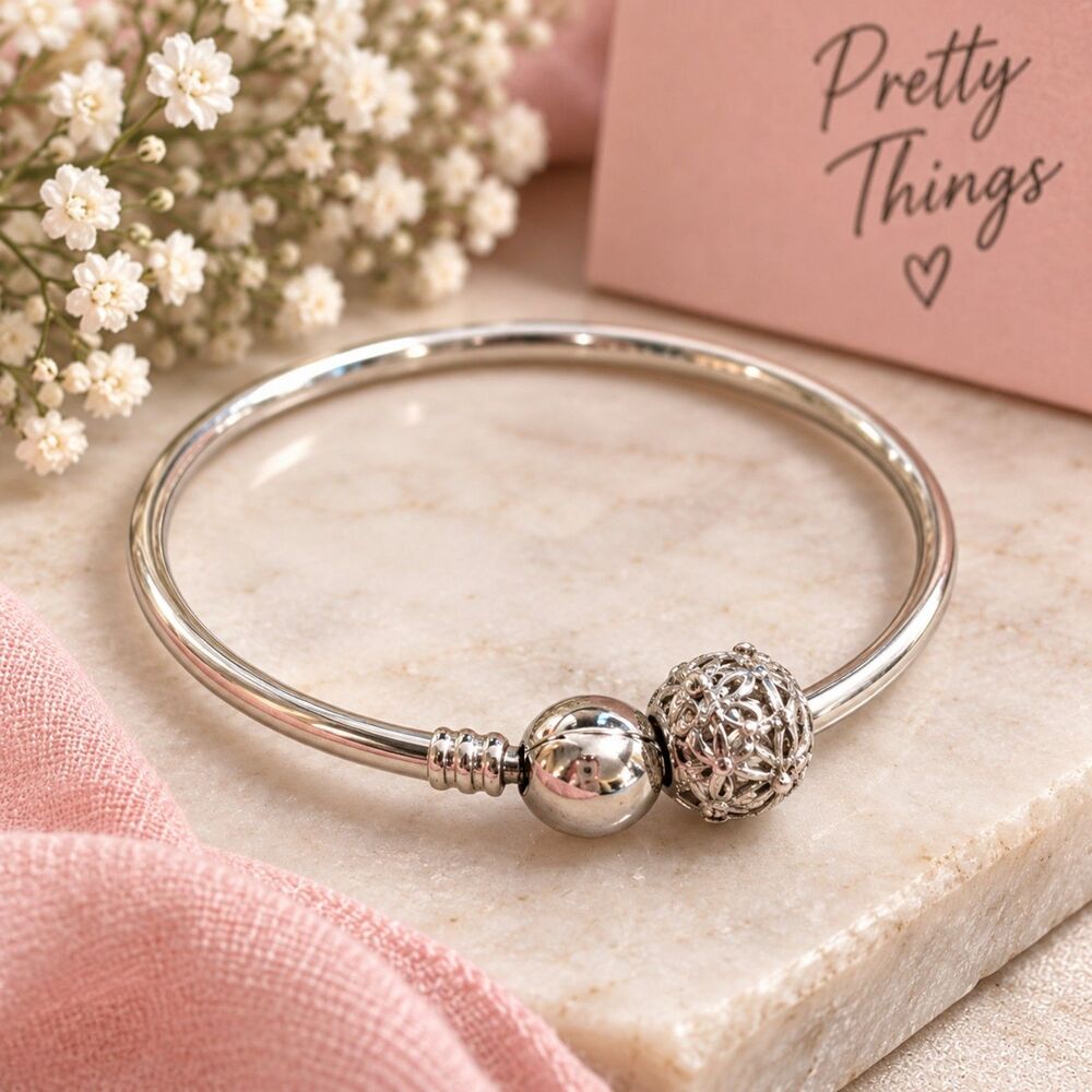 Silver Tone Filigree Bead Bangle Bracelet, Size 7, Minimalist Boho Jewelry